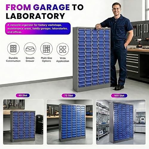 Small Parts Storage Cabinet, 75 Drawer Steel Bolt Nut Hardware Organizer with Dividers & Labels, Heavy Duty Garage Tool Storage Rack for Workshop Screw Fastener Organization