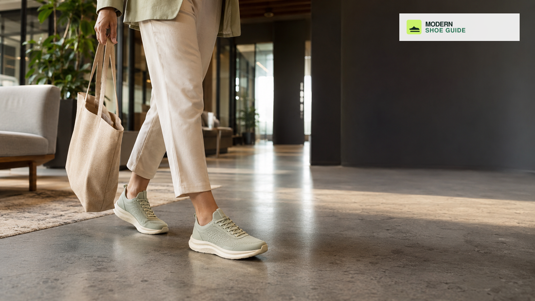ModernShoeGuide branded image of a woman wearing cushioned shoes for walking and standing all day