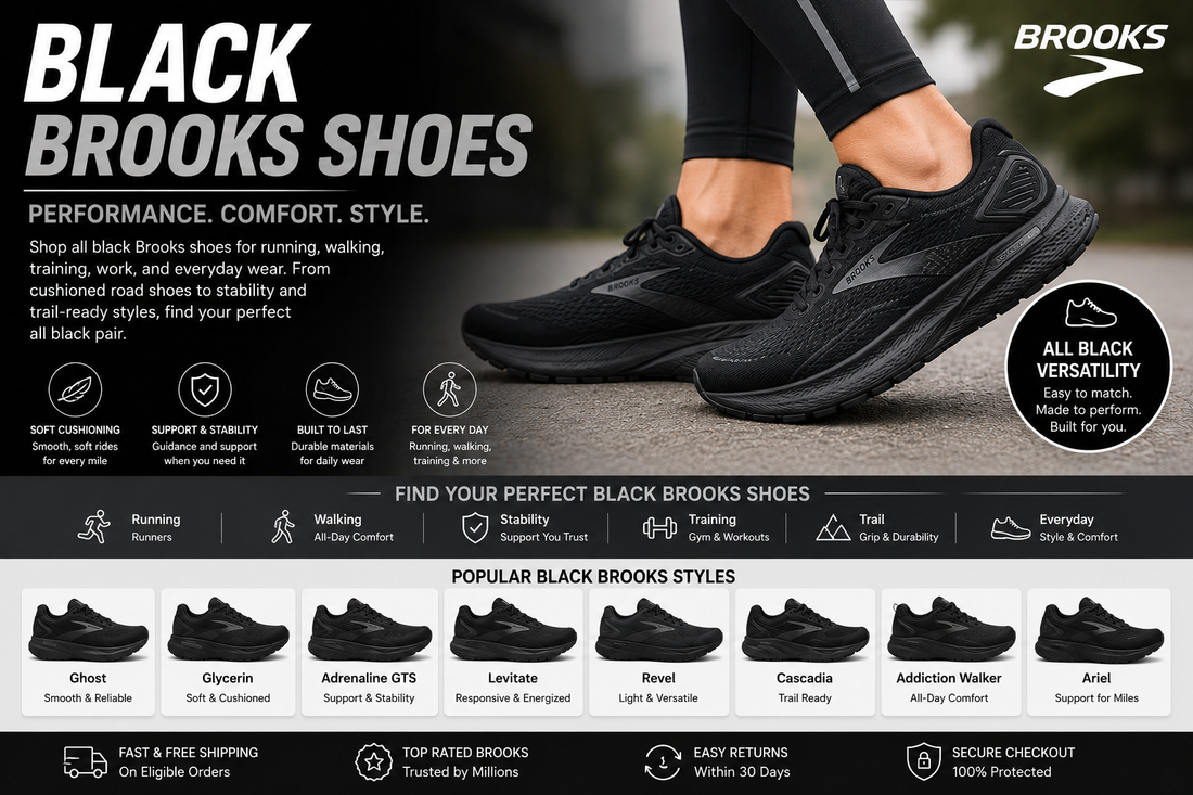Black Brooks running and walking shoes in all-black and black-accent colorways
