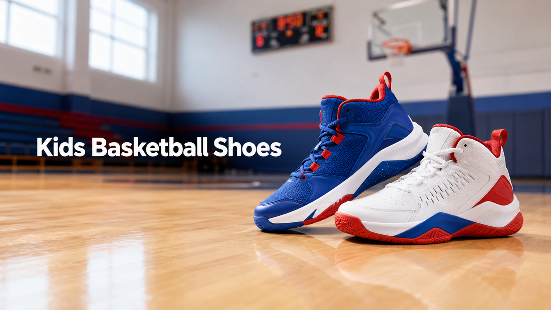 Kids basketball shoes on an indoor court