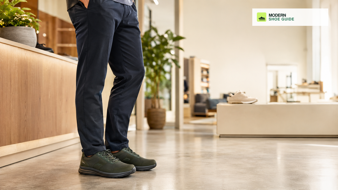 ModernShoeGuide branded image of a man wearing cushioned shoes for walking and standing all day