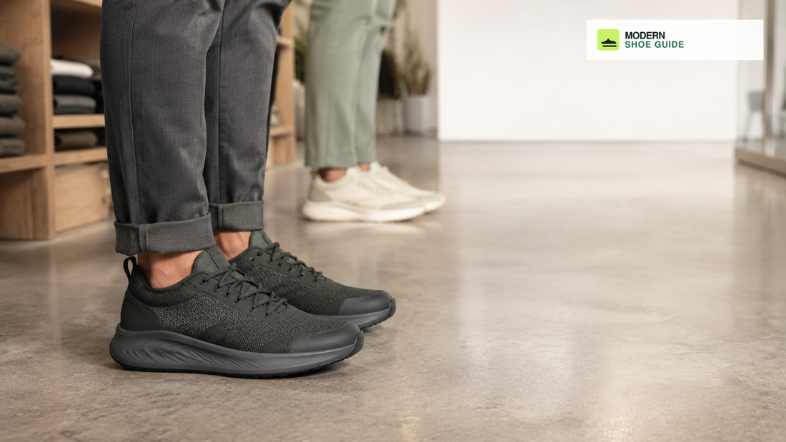 ModernShoeGuide branded image of cushioned walking shoes for standing and walking on concrete all day