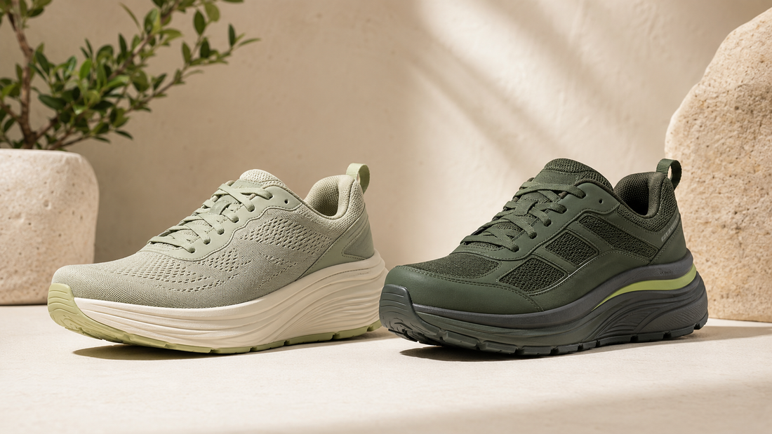 Cushioned and supportive unbranded walking shoes shown side by side