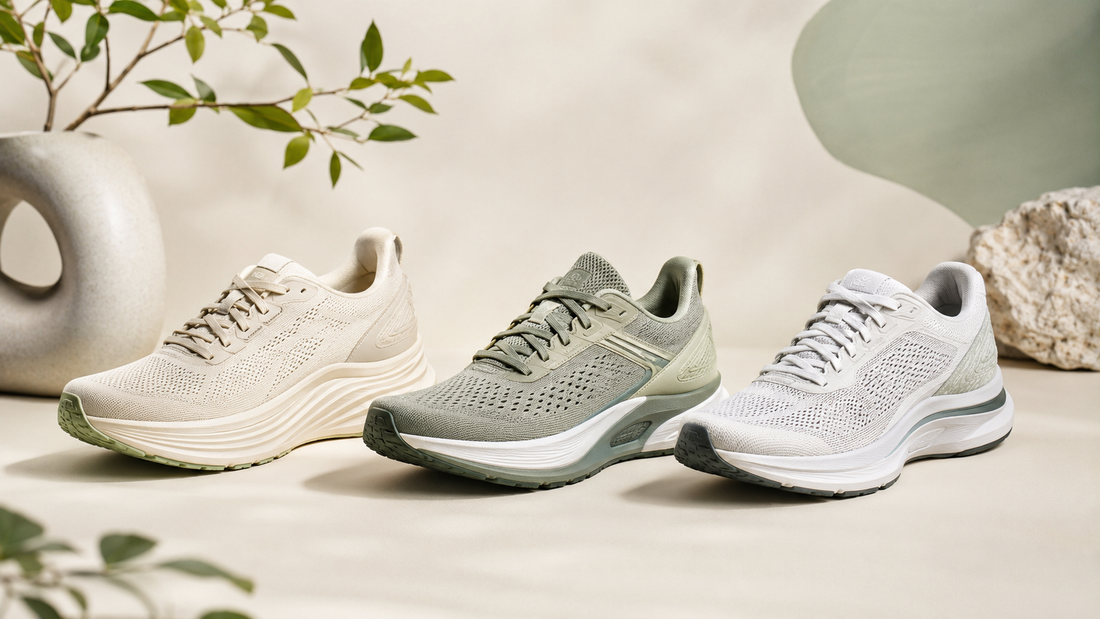 Three unbranded running shoes illustrating beginner fit and cushioning choices