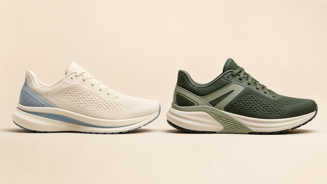Neutral and stability running shoes shown side by side