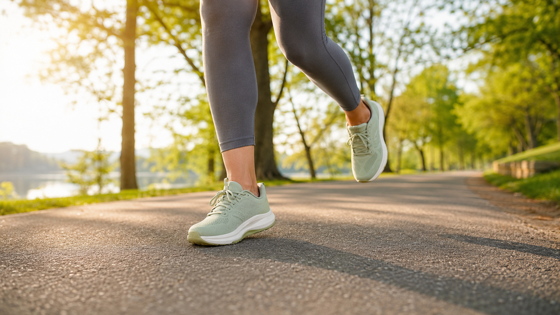 Unbranded running shoes in motion on a paved park path