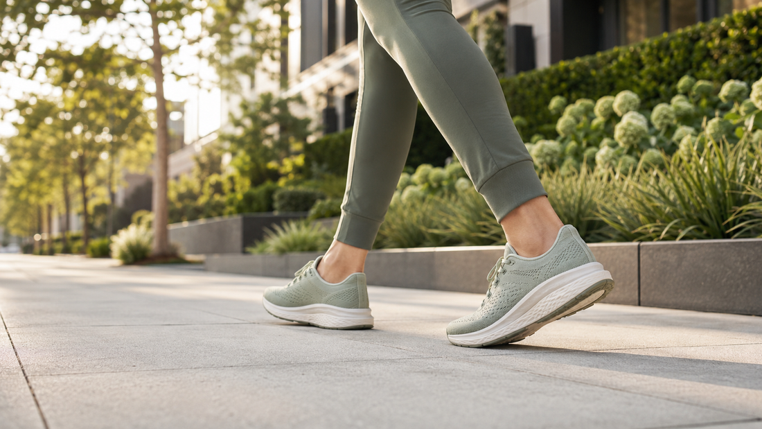 Unbranded cushioned running shoes being worn during an everyday city walk