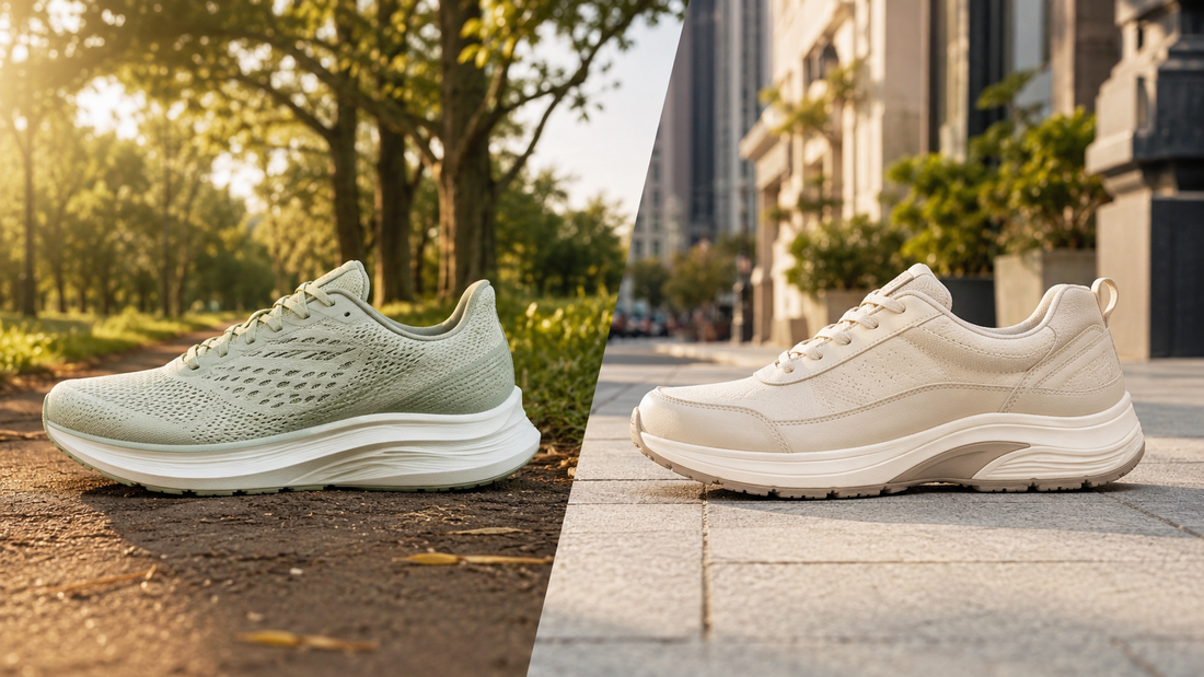 Unbranded running and walking shoes shown in their everyday settings
