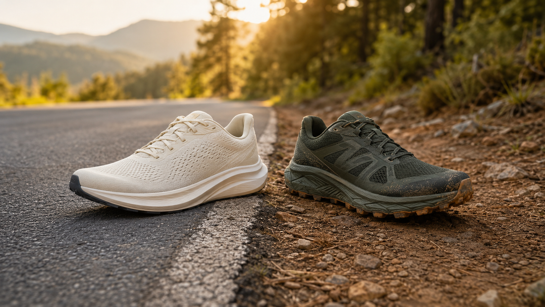 Unbranded road and trail running shoes at the pavement-to-trail transition