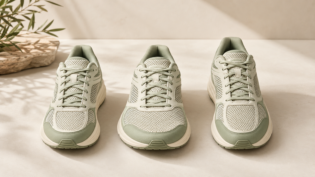 Three unbranded running shoes illustrating width and length choices