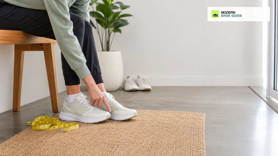 ModernShoeGuide branded image showing how to check athletic shoe fit and toe room