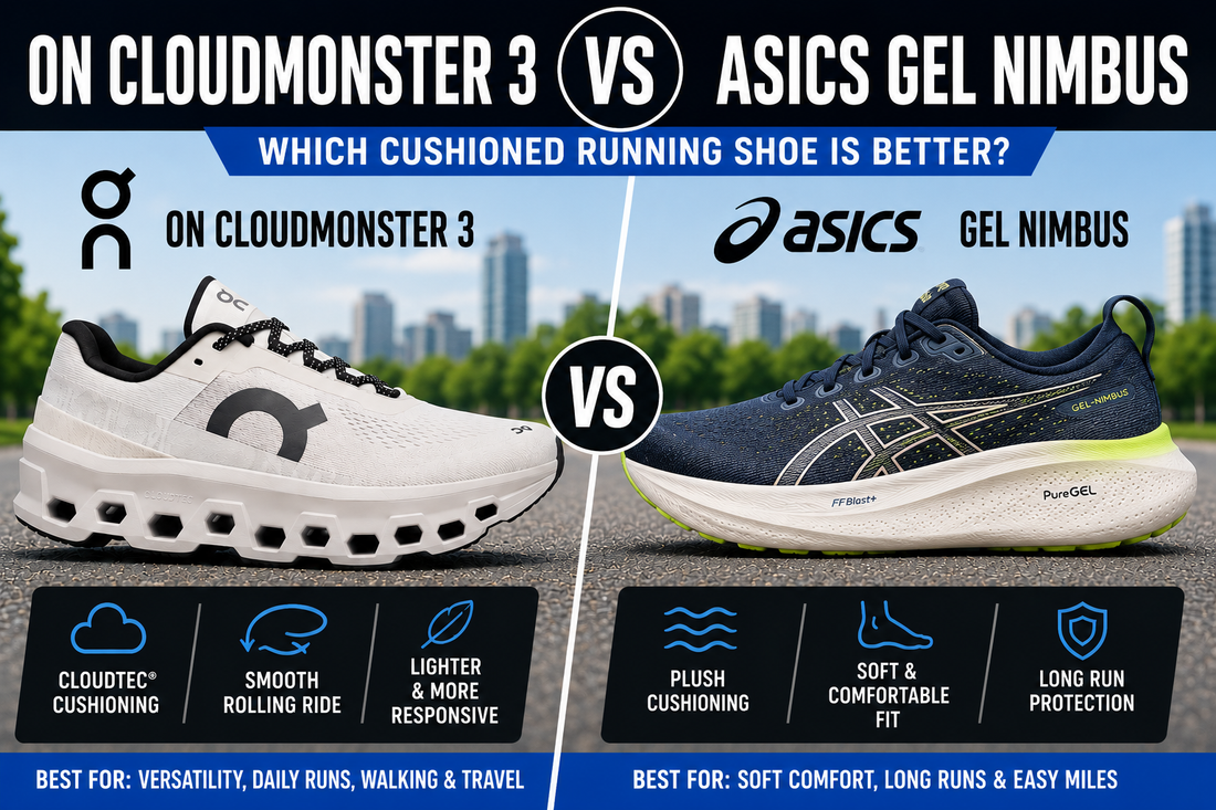 On Cloudmonster 3 vs ASICS Gel Nimbus running shoe comparison graphic showing both cushioned daily trainers side by side for walking, daily runs, long runs, soft comfort, and support.