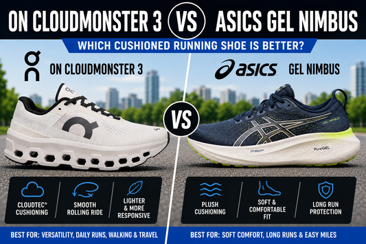 On Cloudmonster 3 vs ASICS Gel Nimbus running shoe comparison graphic showing both cushioned daily trainers side by side for walking, daily runs, long runs, soft comfort, and support.