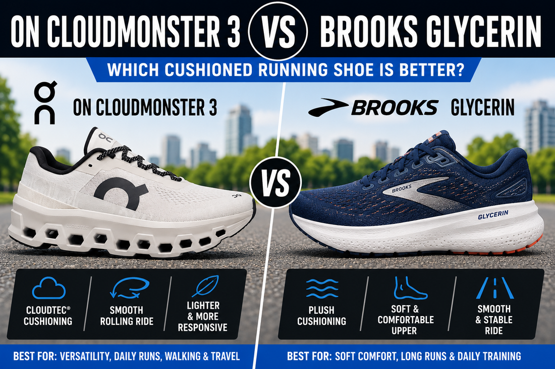 On Cloudmonster 3 vs Brooks Glycerin running shoe comparison graphic showing both cushioned daily trainers side by side for walking, daily runs, long runs, comfort, and support.