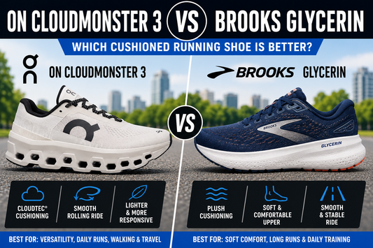 On Cloudmonster 3 vs Brooks Glycerin running shoe comparison graphic showing both cushioned daily trainers side by side for walking, daily runs, long runs, comfort, and support.