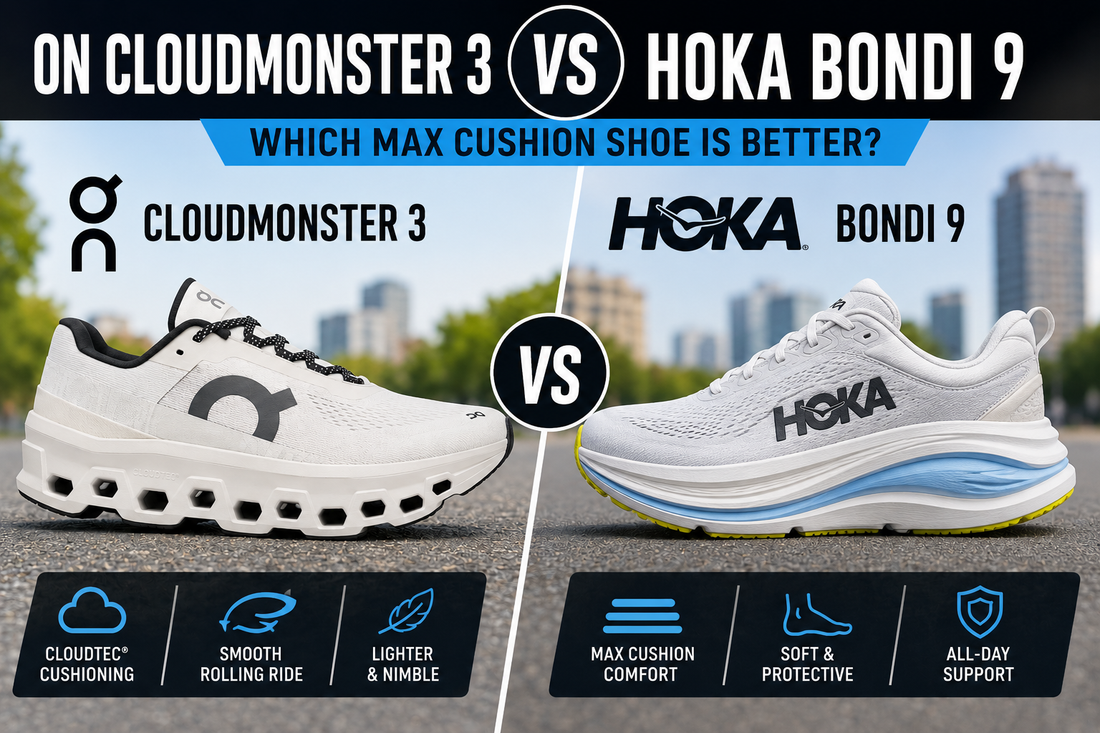 On Cloudmonster 3 vs HOKA Bondi 9 running shoe comparison graphic showing both max cushion shoes side by side for walking, daily running, comfort, and all-day support.