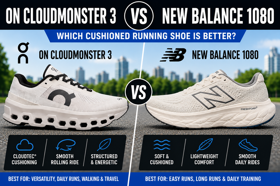 On Cloudmonster 3 vs New Balance 1080 running shoe comparison graphic showing both cushioned daily trainers side by side for walking, daily runs, long runs, lightweight comfort, and support.