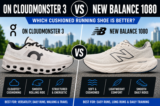 On Cloudmonster 3 vs New Balance 1080 running shoe comparison graphic showing both cushioned daily trainers side by side for walking, daily runs, long runs, lightweight comfort, and support.