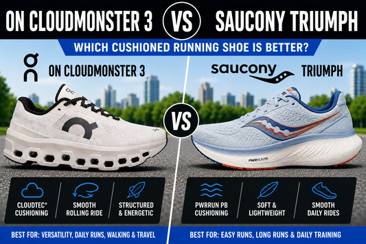 On Cloudmonster 3 vs Saucony Triumph running shoe comparison graphic showing both cushioned daily trainers side by side for walking, daily runs, long runs, lightweight comfort, and support.