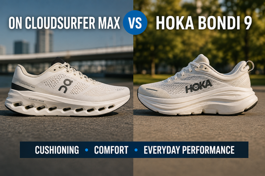 ON Cloudsurfer Max vs HOKA Bondi 9 running shoe comparison graphic showing both cushioned shoes side by side for walking, comfort, daily running, and everyday performance.