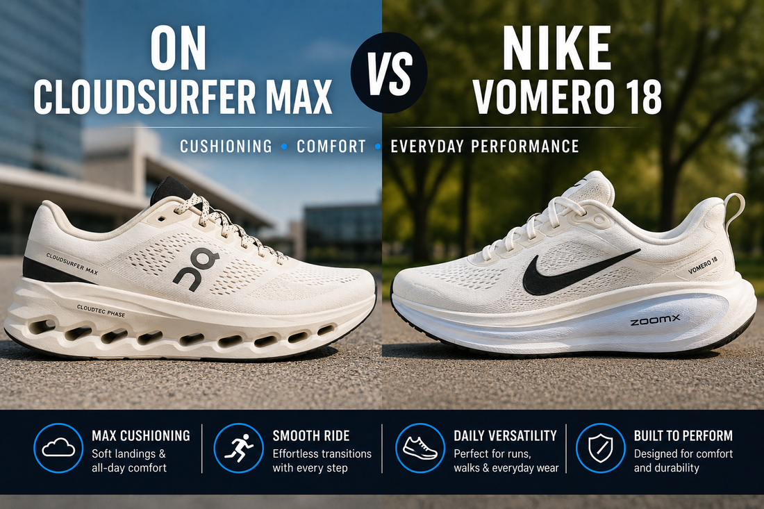 ON Cloudsurfer Max vs Nike Vomero 18 running shoe comparison graphic showing both cushioned shoes side by side for walking, comfort, daily running, soft landings, and everyday performance.