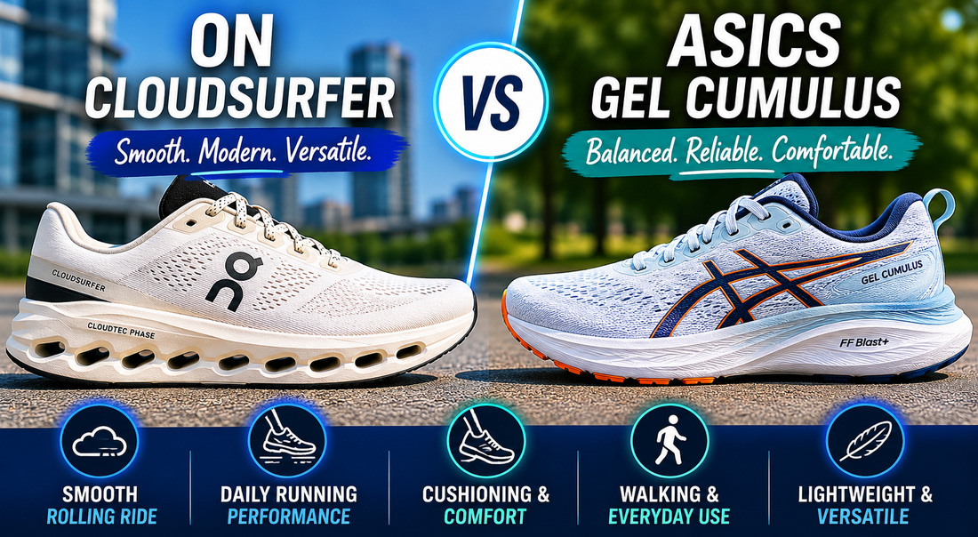 ON Cloudsurfer vs ASICS Gel Cumulus running shoe comparison graphic showing both daily trainers side by side for walking, cushioning, comfort, daily running, and travel.