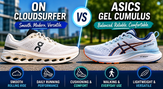 ON Cloudsurfer vs ASICS Gel Cumulus running shoe comparison graphic showing both daily trainers side by side for walking, cushioning, comfort, daily running, and travel.