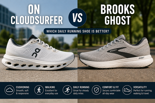 ON Cloudsurfer vs Brooks Ghost running shoe comparison graphic showing both daily trainers side by side for walking, cushioning, comfort, daily running, and travel.