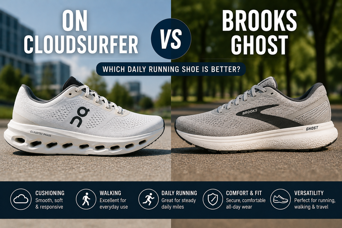 ON Cloudsurfer vs Brooks Ghost running shoe comparison graphic showing both daily trainers side by side for walking, cushioning, comfort, daily running, and travel.