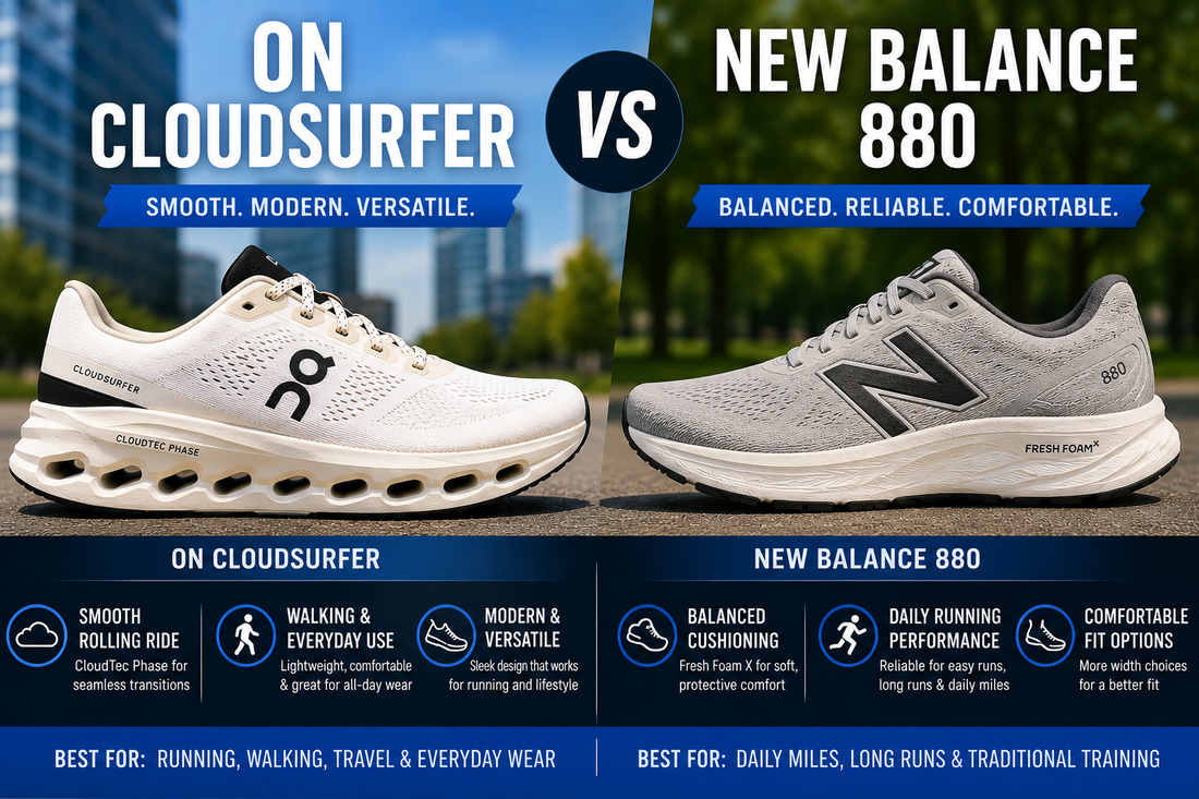 ON Cloudsurfer vs New Balance 880 running shoe comparison graphic showing both daily trainers side by side for walking, cushioning, comfort, daily running, travel, and everyday wear.