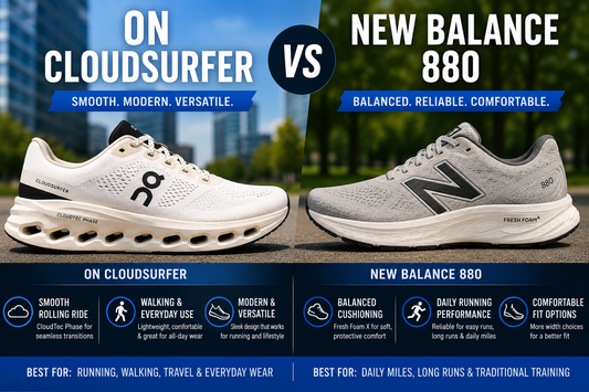 ON Cloudsurfer vs New Balance 880 running shoe comparison graphic showing both daily trainers side by side for walking, cushioning, comfort, daily running, travel, and everyday wear.