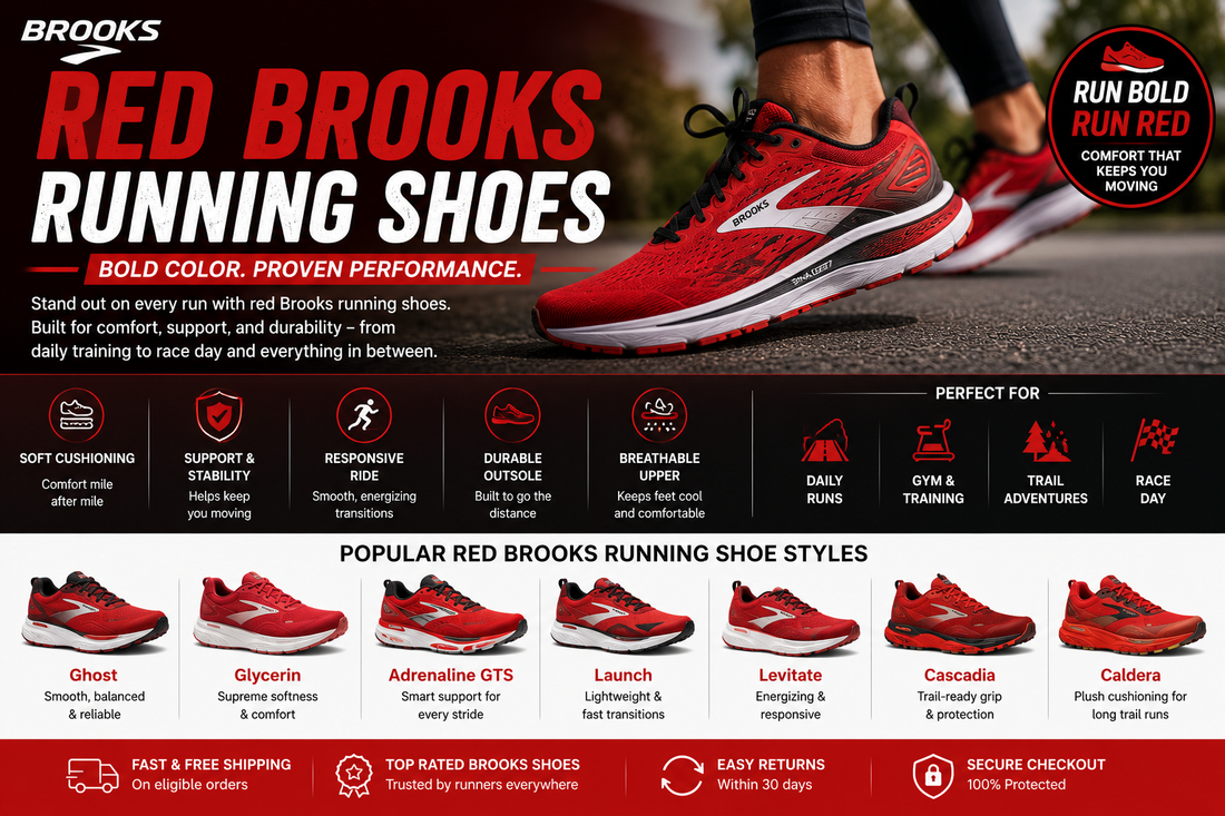 Red Brooks running shoes in crimson, burgundy, red-black, and red-white-blue colorways