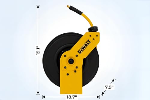 DEWALT 3/8 in. x 50 ft. Single Arm Air Hose Reel for Air Compressor, Auto Retracting Rubber Hose, Professional Grade, All Steel Construction, Retractable Hose, Durable and Efficient Design