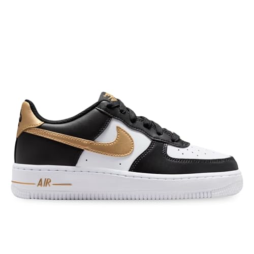 Nike Air Force 1 Big Kids' Shoes (Black/Black/White/Metallic Gold) Size 4
