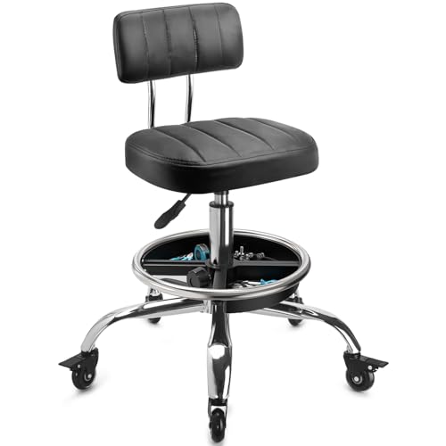 LWADALN Garage Mechanic Stool with Backrest, Height Adjustable Heavy Duty Swivel Task Chair, Rolling Workshop Stool with Tool Tray Storage, Mechanic Chair for Garage, Shop, Auto Repair (Black)