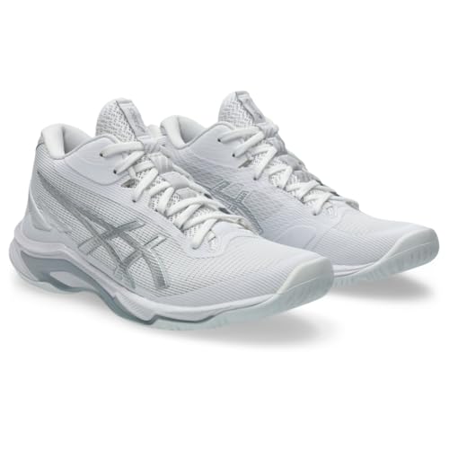 ASICS Women's Netburner Ballistic FlyteFoam Mid Top 4 Volleyball Shoes, 8, White/Pure Silver