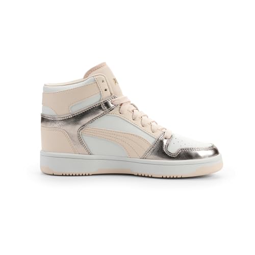 PUMA Unisex-Child Rebound Layup Mid Shoes, White-Jasmine Flower-Gold SS26, 4, Big Kid