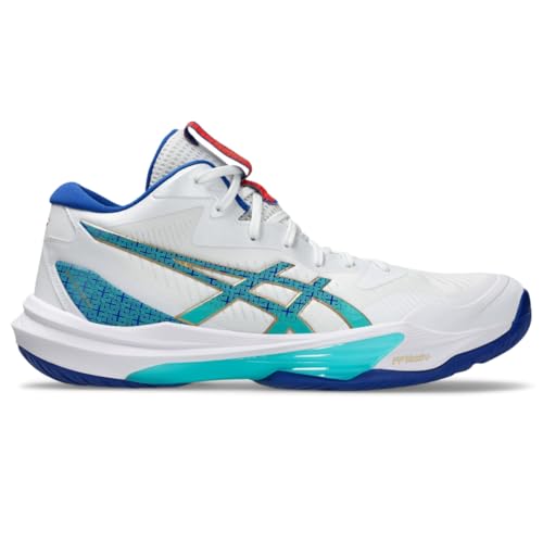 ASICS Men's Sky Elite FlyteFoam Mid Top 3 Volleyball Shoes, 10.5, White/ASICS Blue