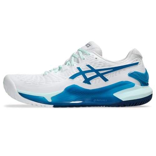 ASICS Resolution 9 Scarpa da Tennis per Campi Veloci per Donna, White Teal Blue, 5.5 US