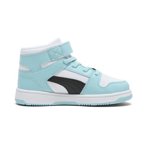 PUMA Unisex-Child Rebound Layup Mid Hook and Loop, PUMA White-PUMA Black-Safe Lake, Little Kid 12