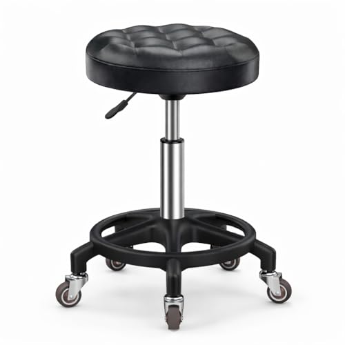 KinShare Upgraded Height Adjustable Rolling Stool with 360° Smooth Rubber Wheels – Heavy-Duty 450lbs, PU Seat & Anti-Tip Base | Ideal for Home, Office, Salon, Workshop, Black & Silver