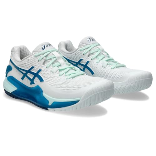 ASICS Resolution 9 Scarpa da Tennis per Campi Veloci per Donna, White Teal Blue, 5.5 US