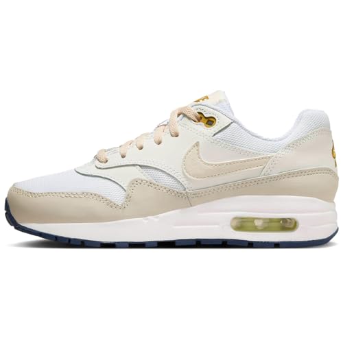 NIKE Air Max 1 Big Kids' Shoes (DZ3307-103, White/Bronzine/Barely Volt/Light Orewood Brown) Size 6