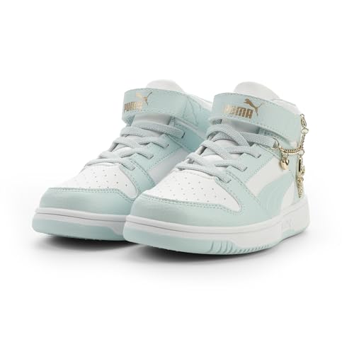 PUMA Unisex-Child Rebound Layup Mid Hook and Loop Shoes, White-Fresh Water- Gold SS26, 13.5, Little Kid
