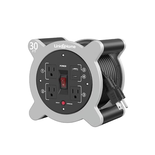 Link2Home 30 Ft. Extension Cord Reel, 3 Outlets, 2 USB Ports