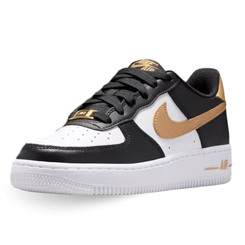 Nike Air Force 1 Big Kids' Shoes (Black/Black/White/Metallic Gold) Size 4