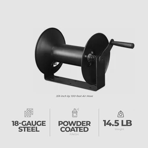 Master Mechanic 3/8" x 100' Lightweight Compact Wall Mount Retractable Powder Coated Steel Air Compressor Open Hose Storage Reel, Black