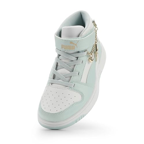 PUMA Unisex-Child Rebound Layup Mid Hook and Loop Shoes, White-Fresh Water- Gold SS26, 13.5, Little Kid