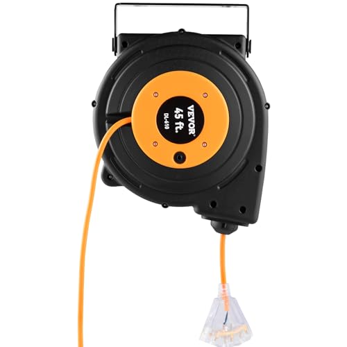 VEVOR Retractable Extension Cord Reel, 45 FT, Heavy Duty 12AWG/3C SJTOW Power Cord, with Lighted Triple Tap Outlet, 15 Amp Circuit Breaker, 180° Swivel Bracket for Ceiling or Wall Mount