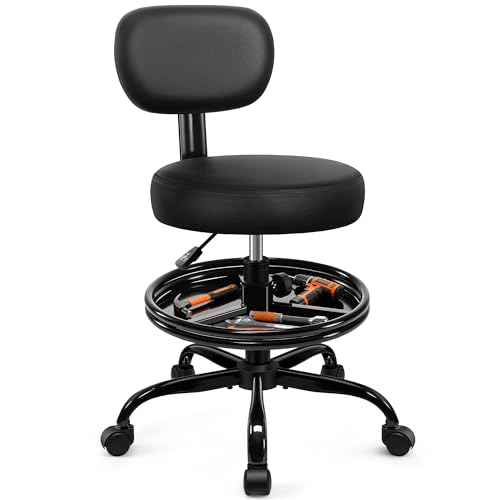 BestGlory Shop Stool with Wheels for Garage, Mechanics Rolling Chair with Backrest, Adjustable Height Heavy Duty Garage Stool with Footrest and Storage Tray, Swivel Task Chair for Workshop Salon
